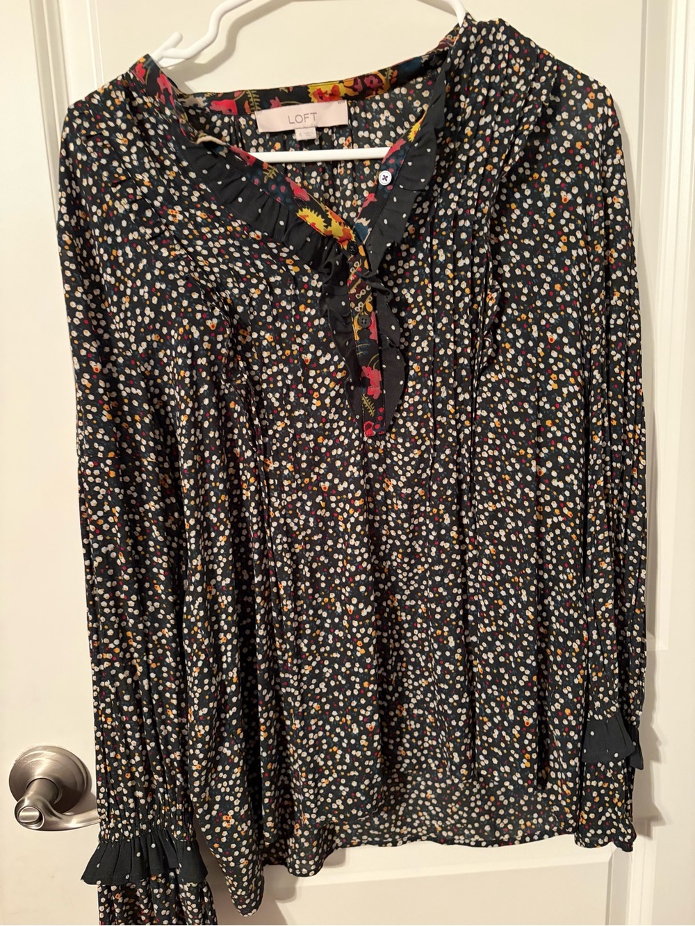 LOFT Black Multi-Dot Ruffle Henley Blouse